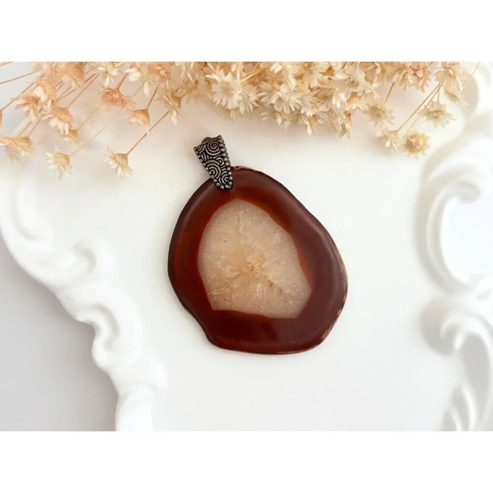 Polished Brown Crystal Free-Form Shaped Large Silver Toned Vintage Pendant
